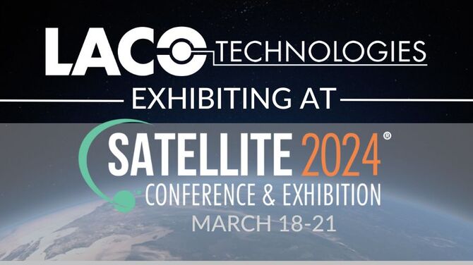 Gray banner with writing "LACO Technologies exhibiting at Satellite 2024 Conference and Exhibition March 18-21"