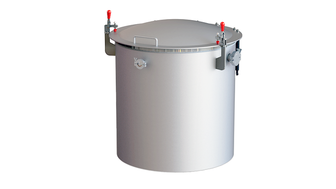 LVC2424-3312-VH Vacuum Chamber with Hinged Lid, front angle view