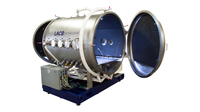 Custom Solution | Horizontal Cylindrical Thermal Vacuum (TVAC) Test System, angled view, chamber door open