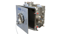 Stainless steel cube vacuum chamber with stainless steel door and glass viewport, angled view