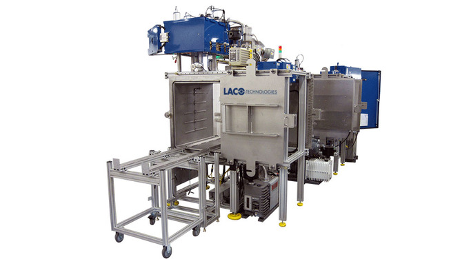 Vacuum system with conveyor for drying and coating electronic components, side view